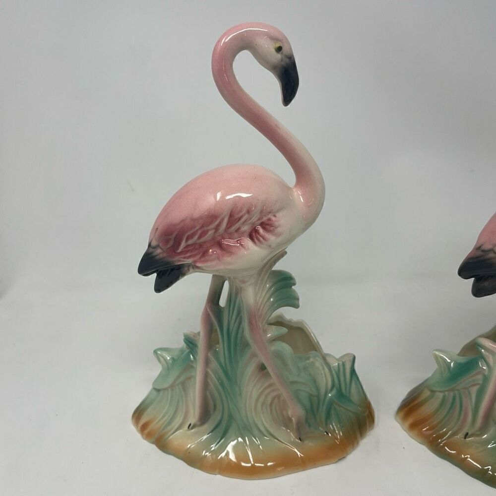 Fabulous 1950s Kitsch FLAMINGO Planter 10" TALL Hand Decorated Made in Japan Set - Picture 2 of 10